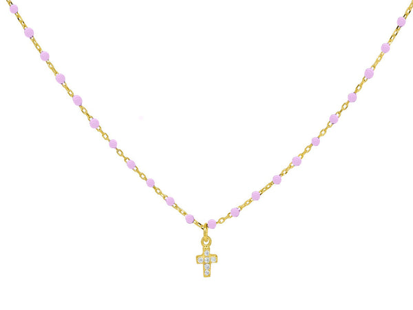 Miniature Pink Enamel CZ Cross Necklace - get-accessories